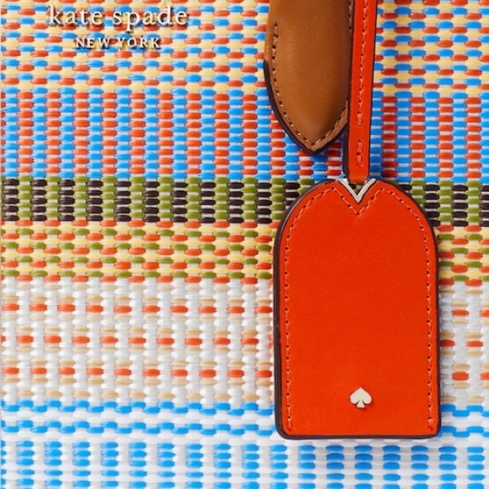 kate spade Multicolor Woven Stripe Tote with Brown Trim and Orange Tag - Picture 9 of 9